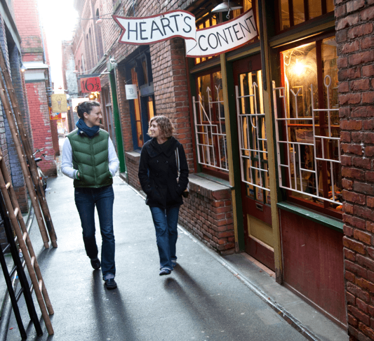 A couple walking through Fan Tan Alley in Victoria, BC
