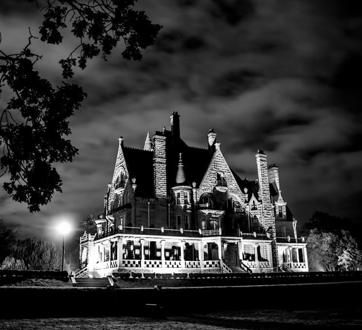 Craigdarroch Castle at night in Victoria, BC
