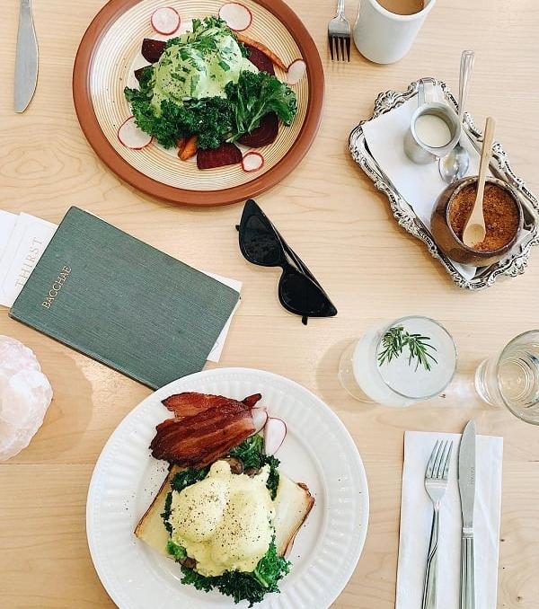 A nice breakfast with eggs benedict and coffee