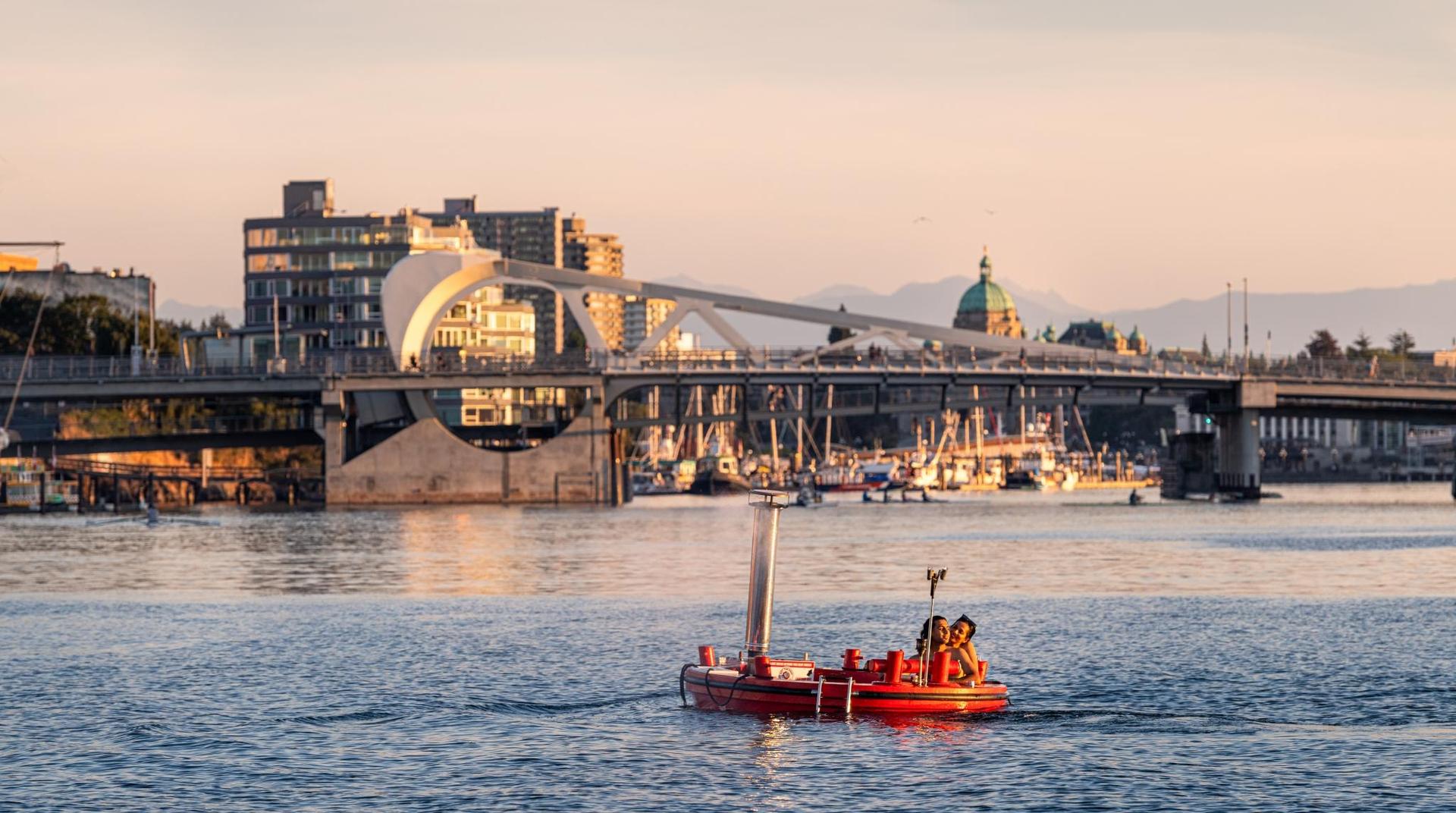 A couple in a hot tub boat in Victoria, BC