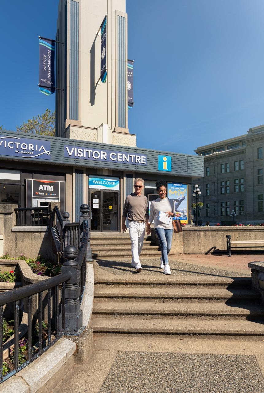 A couple exiting the Visitor Centre in Victoria, BC