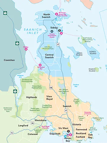 A map of Greater Victoria.