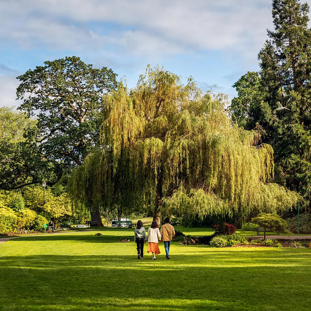 A family strolls across the sprawling green spaces at Beacon Hill Park in Victoria, BC