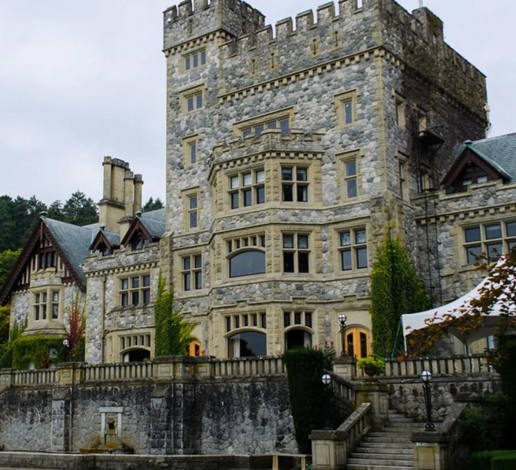 The facade of Hatley Castle at Hatley Park National Historic Site in Victoria, BC