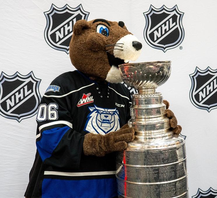 Victoria Royals mascot Marty the Marmot poses with the Stanley Cup in Victoria, BC
