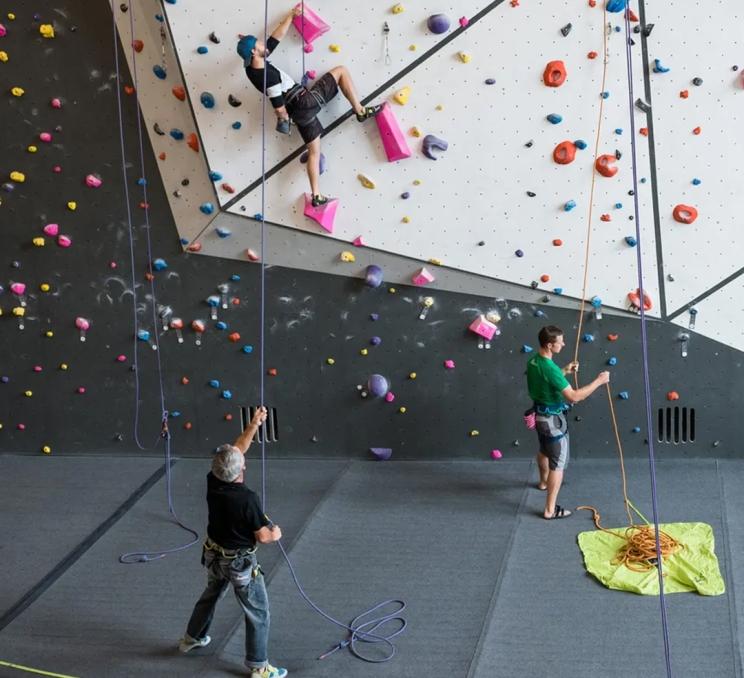 Climbers top roping at Crag X climbing gym in Victoria, BC