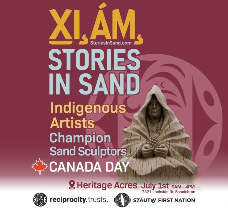 X̱I,ÁM Stories in Sand Indigenous sand sculpture Heritage Acres Victoria BC Canada Day outdoor art exhibit