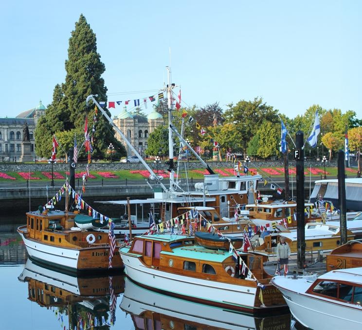 Classic wooden boats decorated with maritime signal flags moored in Victoria’s Inner Harbour.