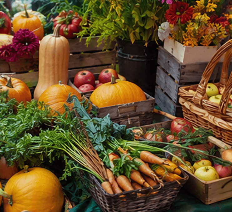 Display of pumpkins, squash, apples, carrots, and flowers at a harvest market.
