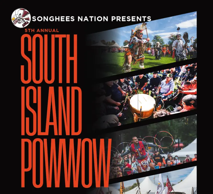 Promotional poster for the 5th Annual South Island Powwow featuring dancers, drummers, and cultural performances.