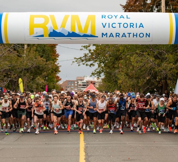 Runners at the starting line of the Royal Victoria Marathon downtown Victoria 2025
