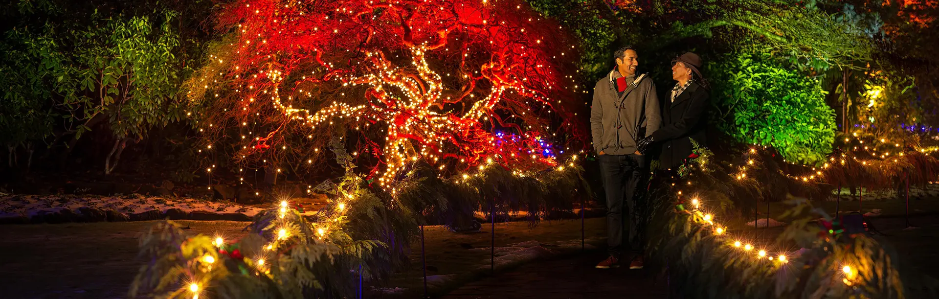 A couple walks hand-in-hand through the Magic of Christmas holiday light display at The Butchart Gardens in Victoria, BC