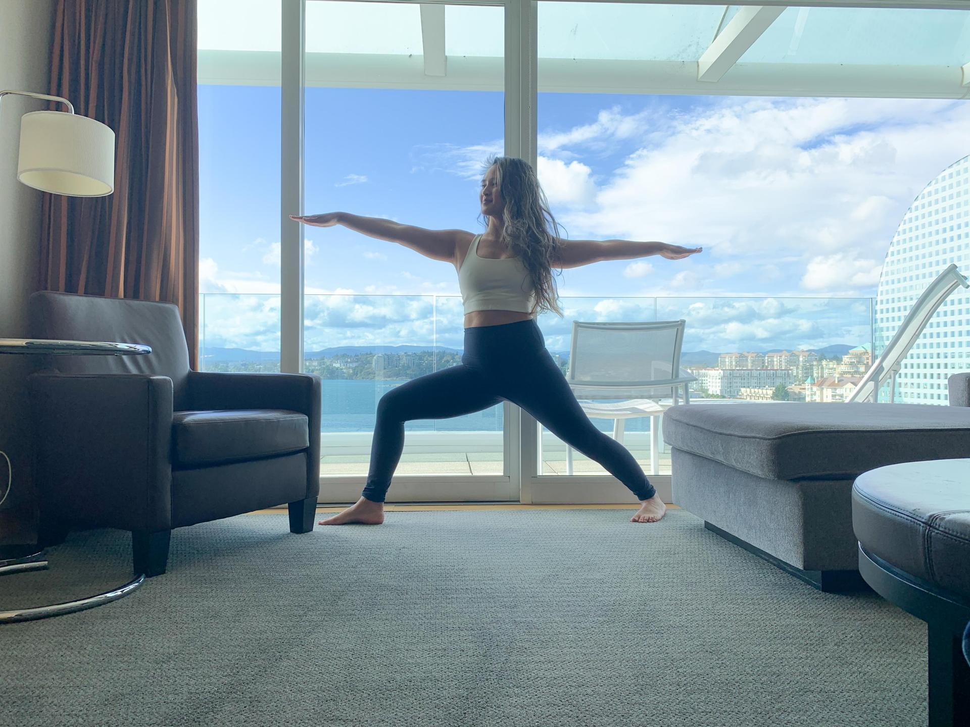 Women doing yoga in hotel room