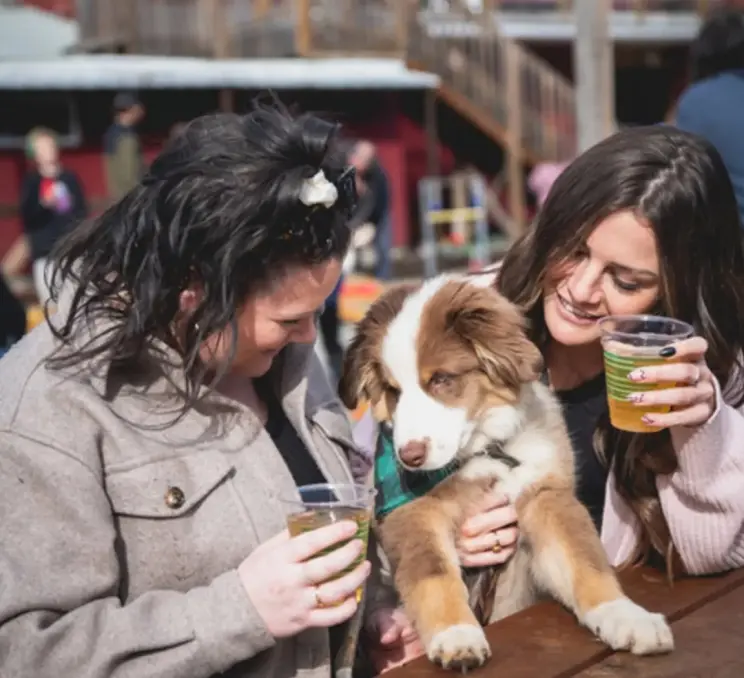 Two women enjoy a cider while walking their dog at Junction Orchard & Cidery in Victoria, BC