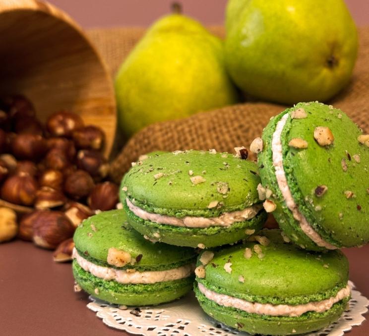 A pear and hazelnut macaron at Bon Macaron Patisserie in Victoria, BC