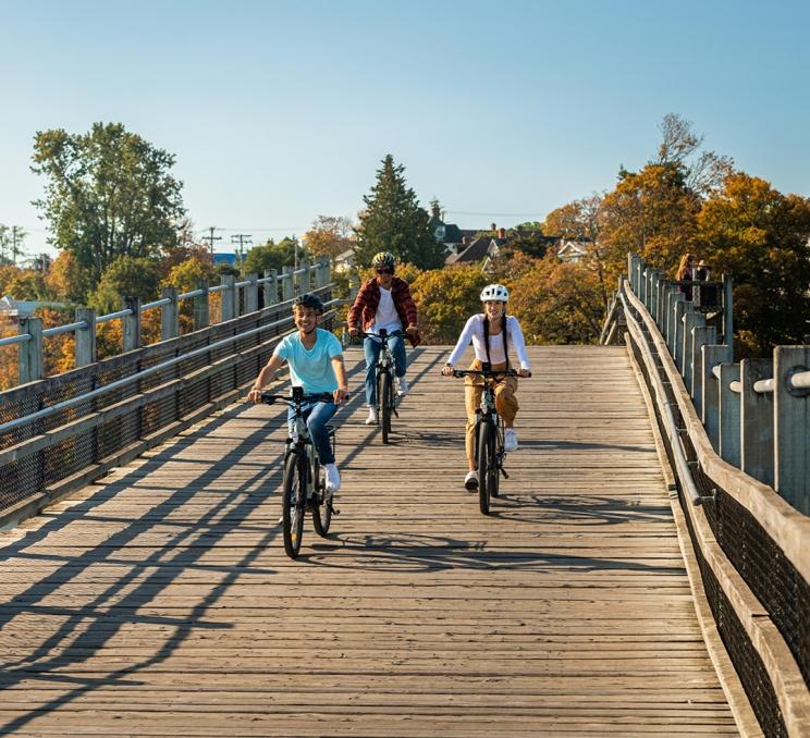 A group of cyclists ride bikes across the Selkirk Trestle along the Galloping Goose Regional Trail in Victoria, BC