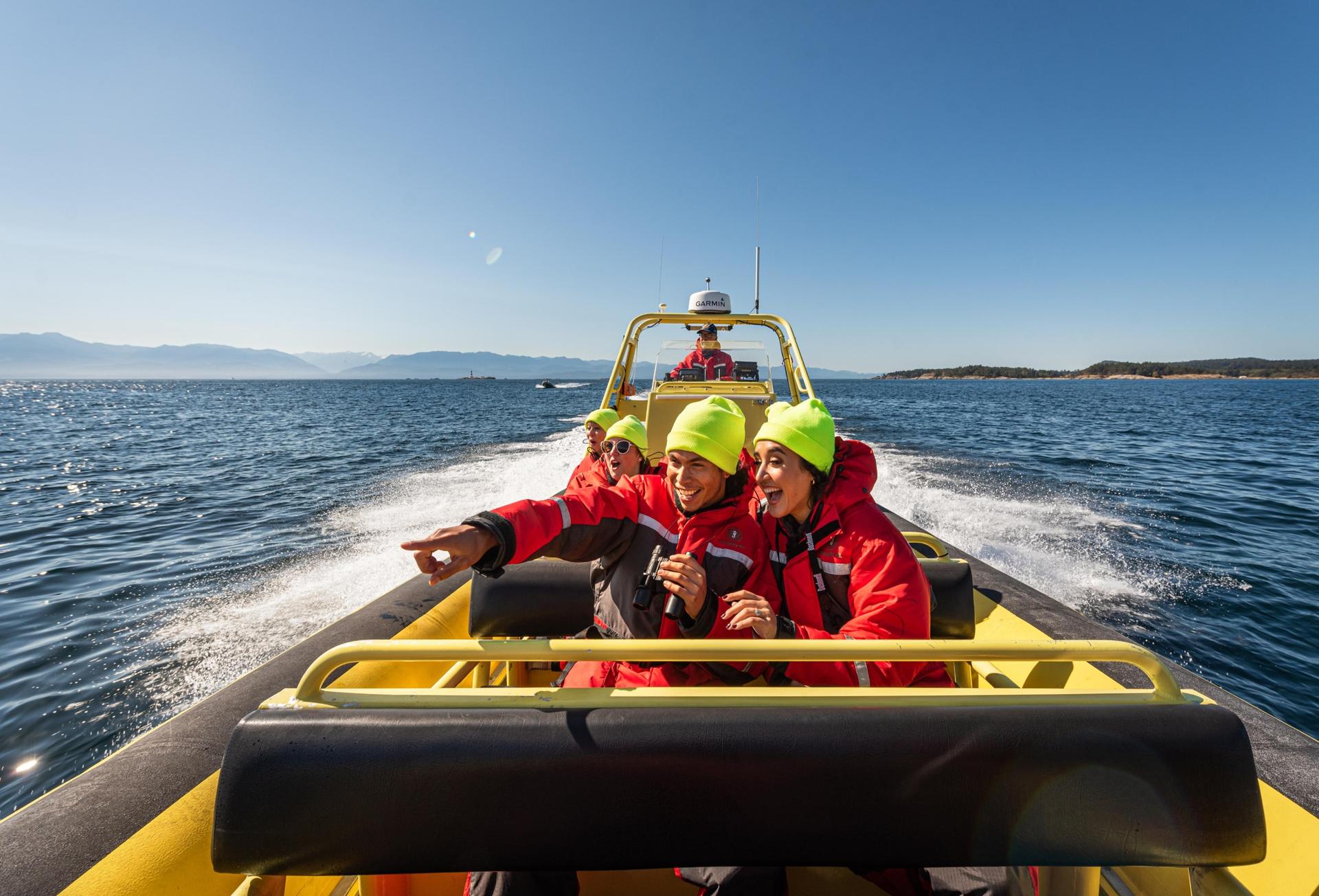 A whale watching tour travels across the Salish Sea off the coast of Victoria, BC