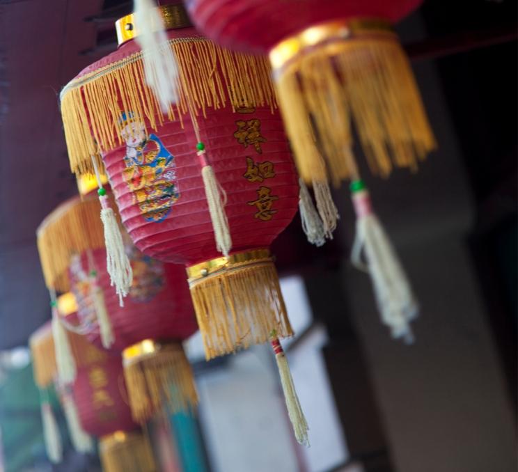 A row of Chinese Lanterns in Victoria's Chinatown in Victoria, BC