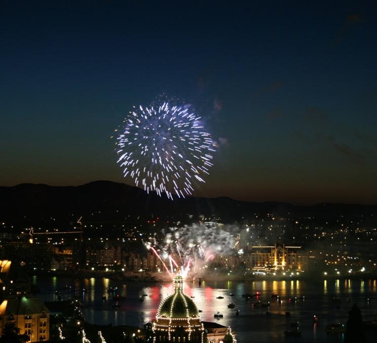 A fireworks show over Victoria BC's Inner Harbour