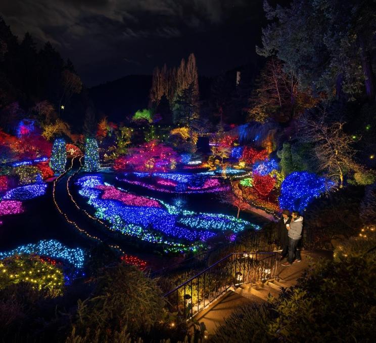 The Magic of Christmas lightshow at The Butchart Gardens illuminates the Sunken Garden with thousands of lights in Victoria, BC