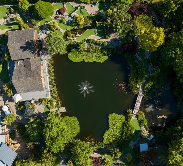 An aerial view of Island View Farm & Mini Golf on the Saanich Peninsula in Greater Victoria, BC