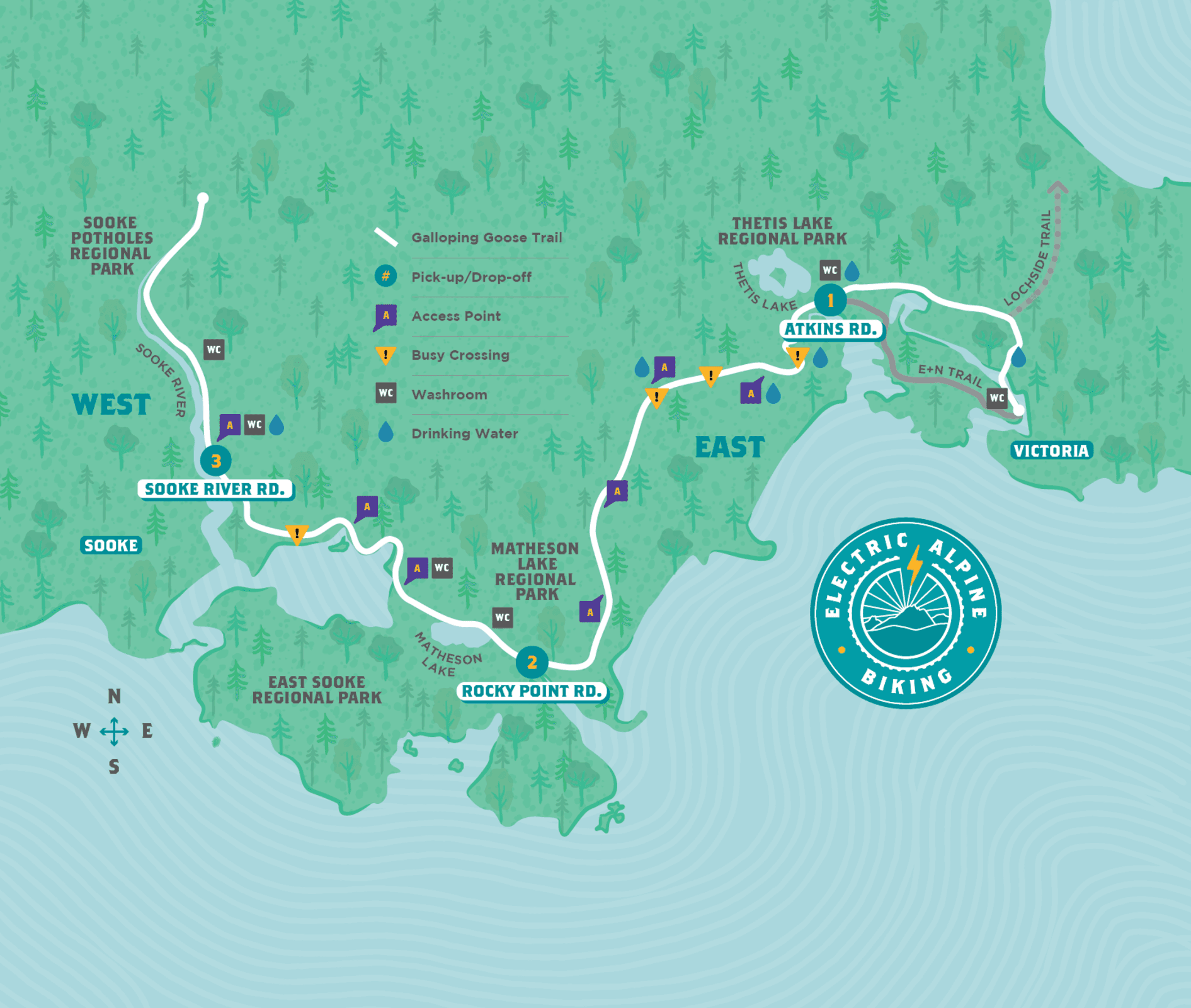 Your Guide to the Best of the Galloping Goose! This e-bike trail map highlights scenic sections, stops, and landmarks along the trail. Perfect for Half Goose, Full Goose, or Free Range riders — start with a shuttle drop-off and ride back at your own pace.