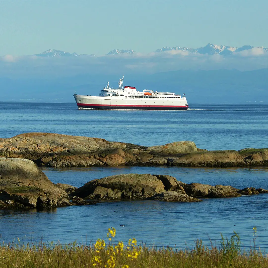 The MV Coho of Black Ball Ferry Lines sails across the Salish Sea with the Olympic Mountain range in the background in Victoria, BC
