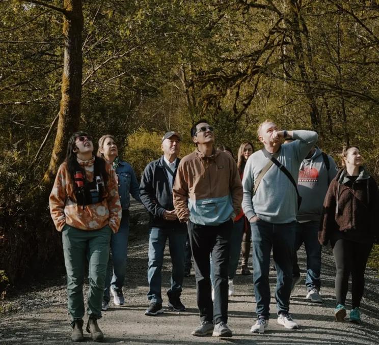A group walks along a trail on Vancouver Island