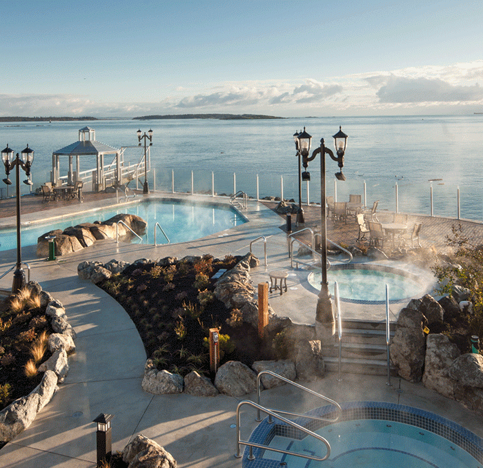 Looking out at the mineral pools at the Boat House Spa at the Oak Bay Beach Hotel in Greater Victoria, BC
