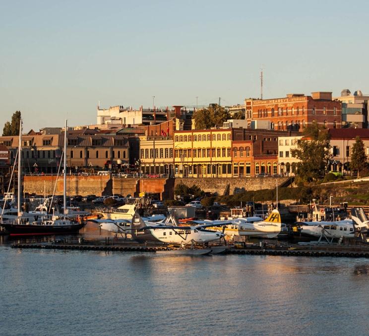 A view of Victoria, BC's Old Town from across the harbour