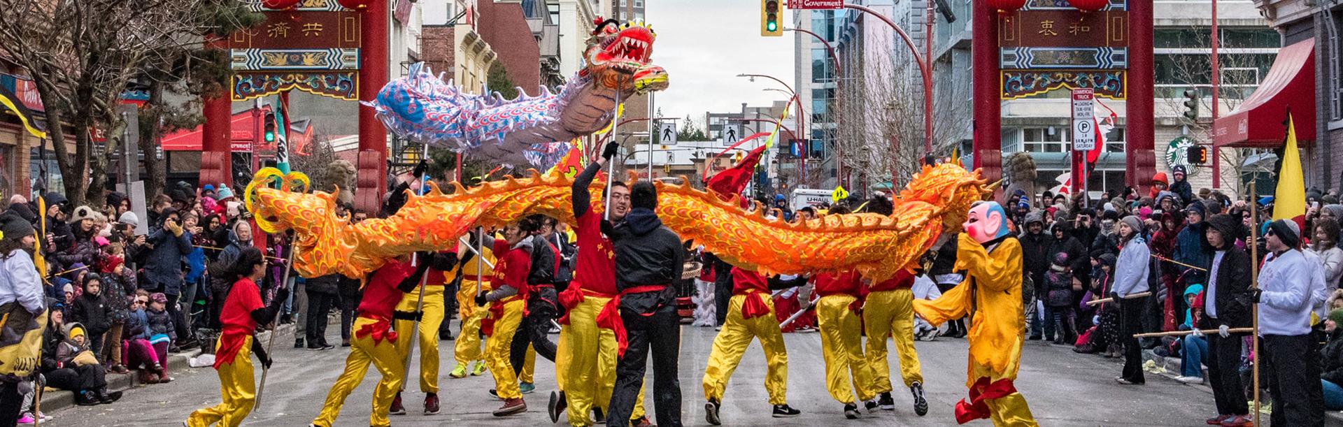 A dragon dance is performed during a festival in Chinatown in Victoria, BC