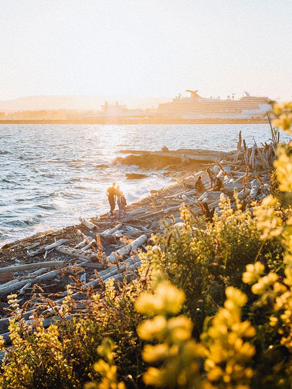 A couple walking along the Dallas Road beach at sunset with a cruise ship docked in the distance. Victoria, BC