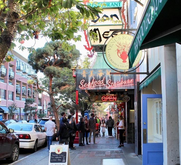 A walking food tour from the Off the Eaten Track outside of Don Mee Seafood Restaurant in Victoria, BC's Chinatown