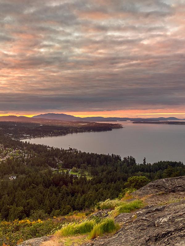 A view of Cordova Bay as seen from PKOLS (formerly Mount Douglas) Regional Park in Victoria, BC