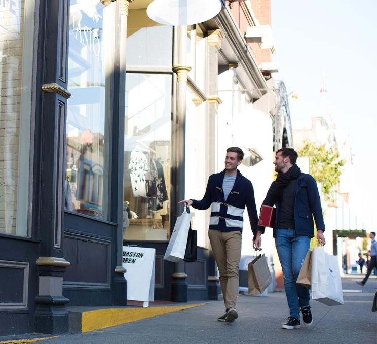 A male couple shopping on Johnson Street in Victoria, BC