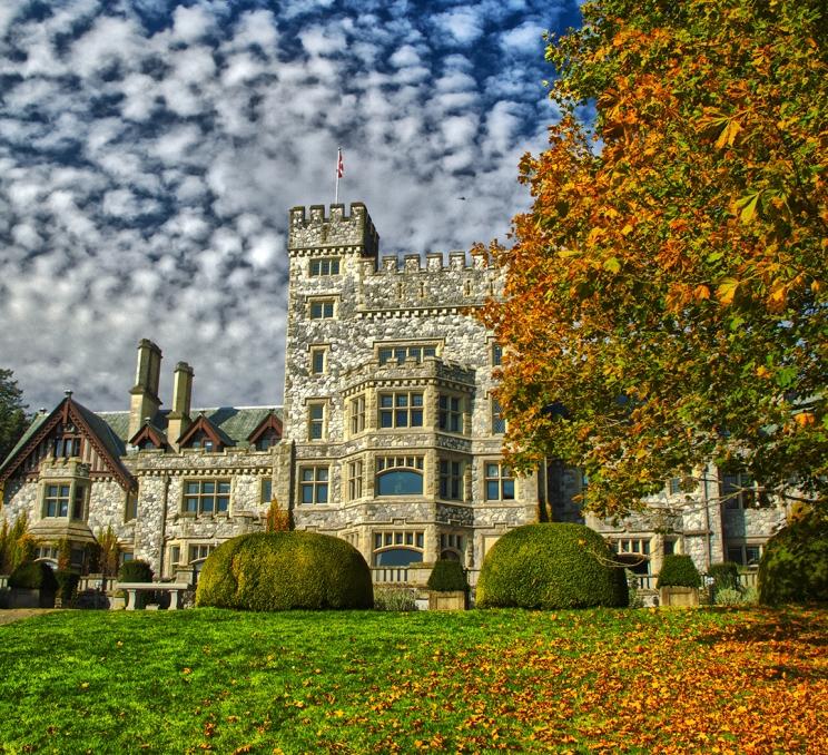 A tree sheds it fall foliage in front of Hatley Castle, a National Historic Site of Canada, in Victoria, BC