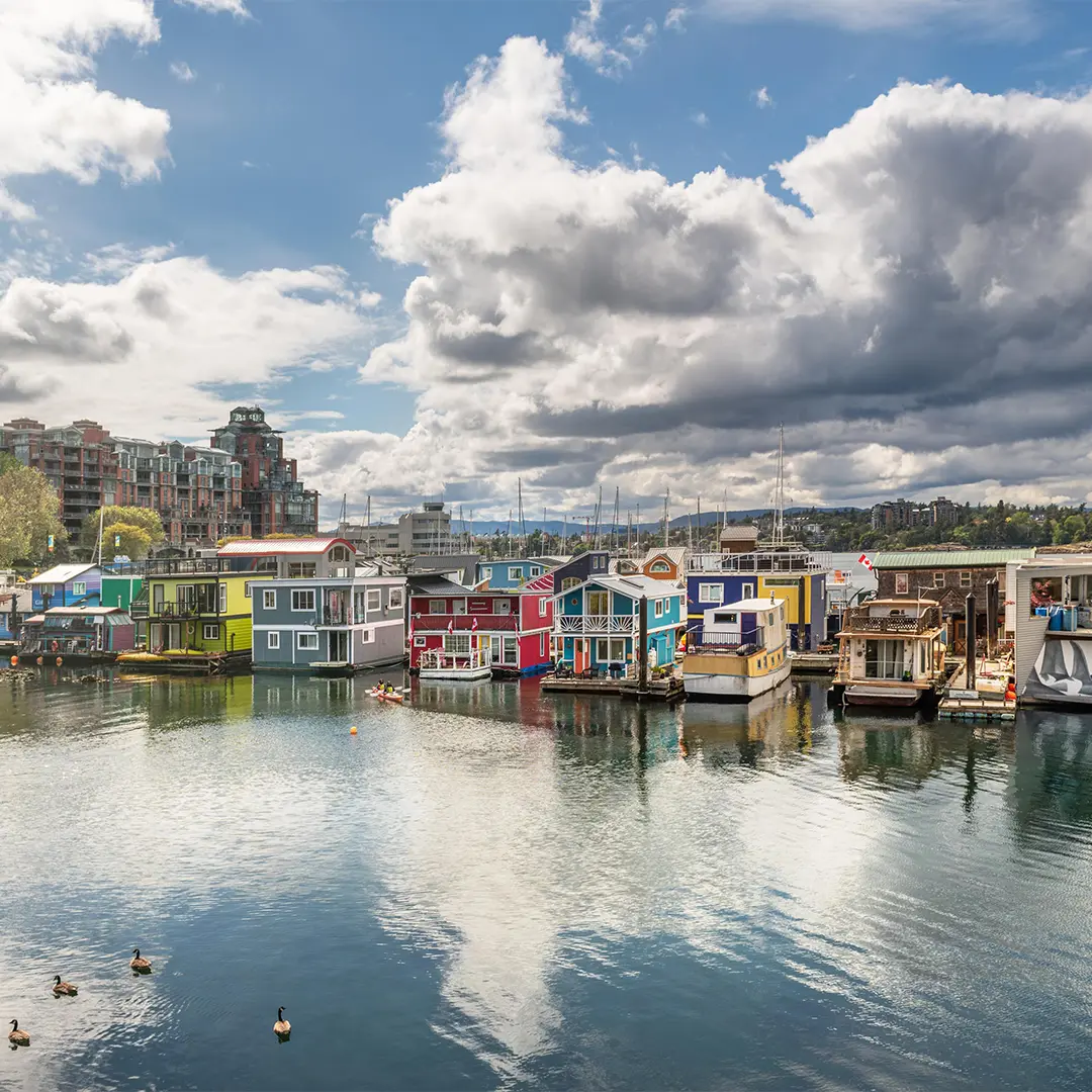Fisherman's Wharf, a eclectic floating neighbourhood on Victoria, BC's Inner Harbour features vibrantly coloured floating homes and businesses