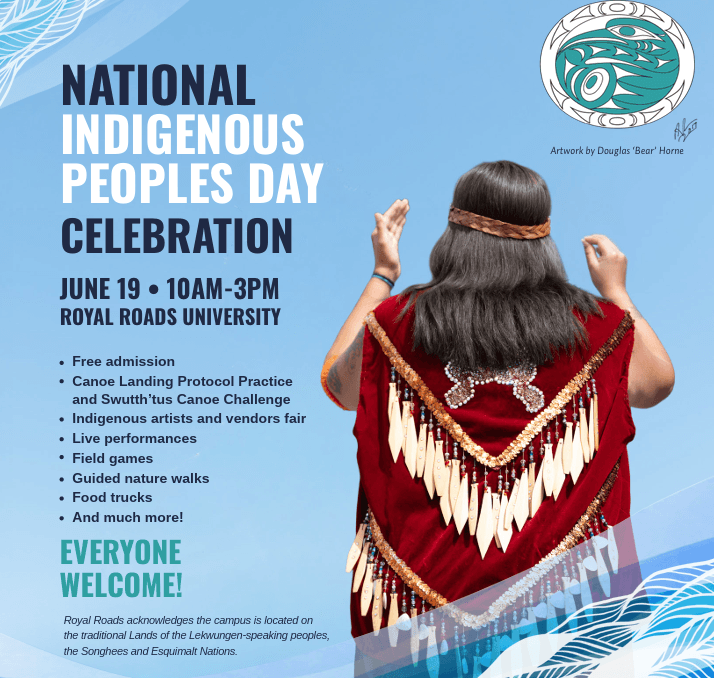 Poster for National Indigenous People's Day Celebration at Royal Roads University in Victoria, BC
