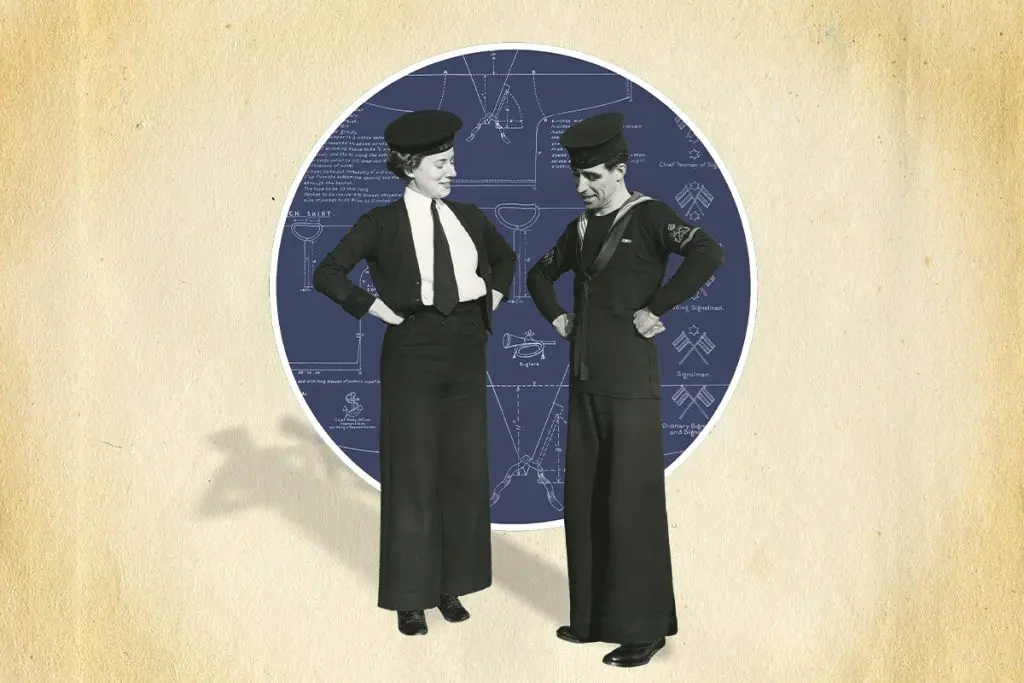 Vintage-style collage image featuring two people in historical naval uniforms standing in front of a circular blueprint background with maritime diagrams.