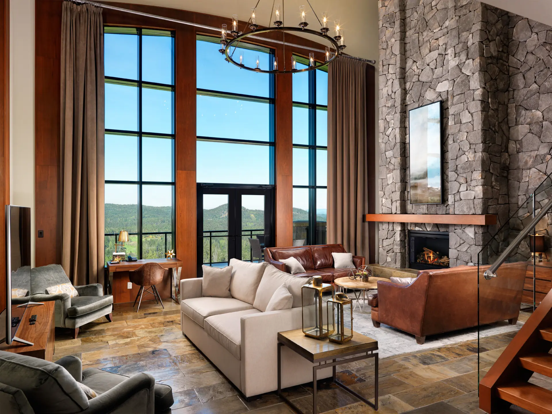 Living room, kitchen, dining room, and loft bedroom with ensuite.