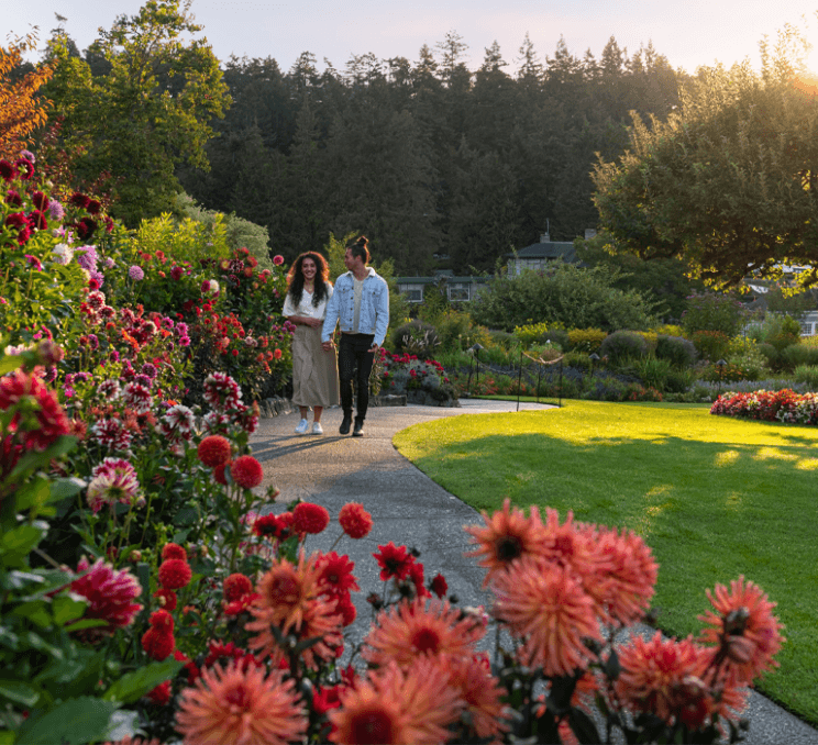 Couple walking through The Butchart Gardens in Victoria, BC