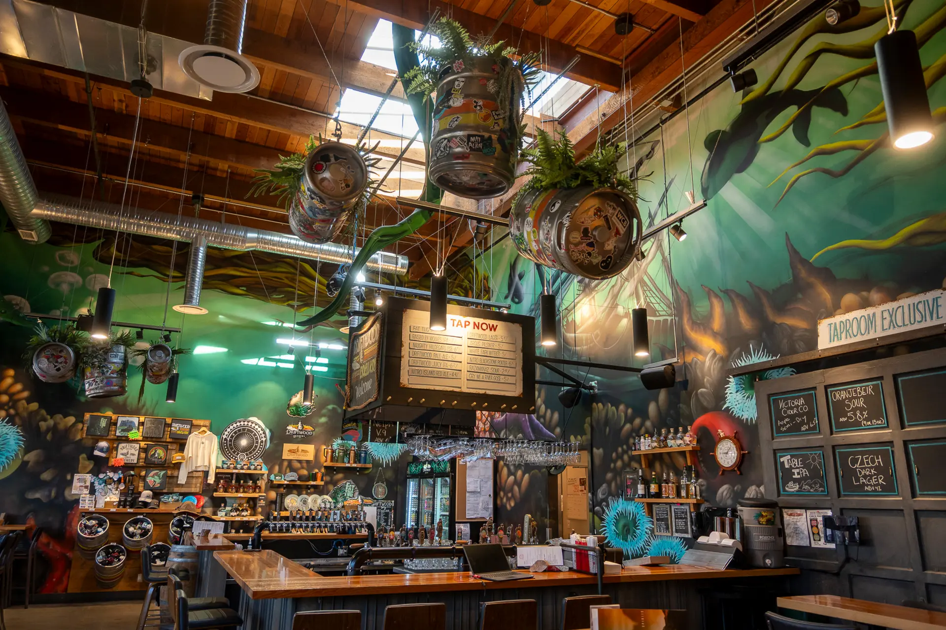 Interior of the Driftwood Brewery taproom, featuring a long bar, colourful underwater-themed murals, hanging beer kegs with plants, rows of taps and a large tap list.