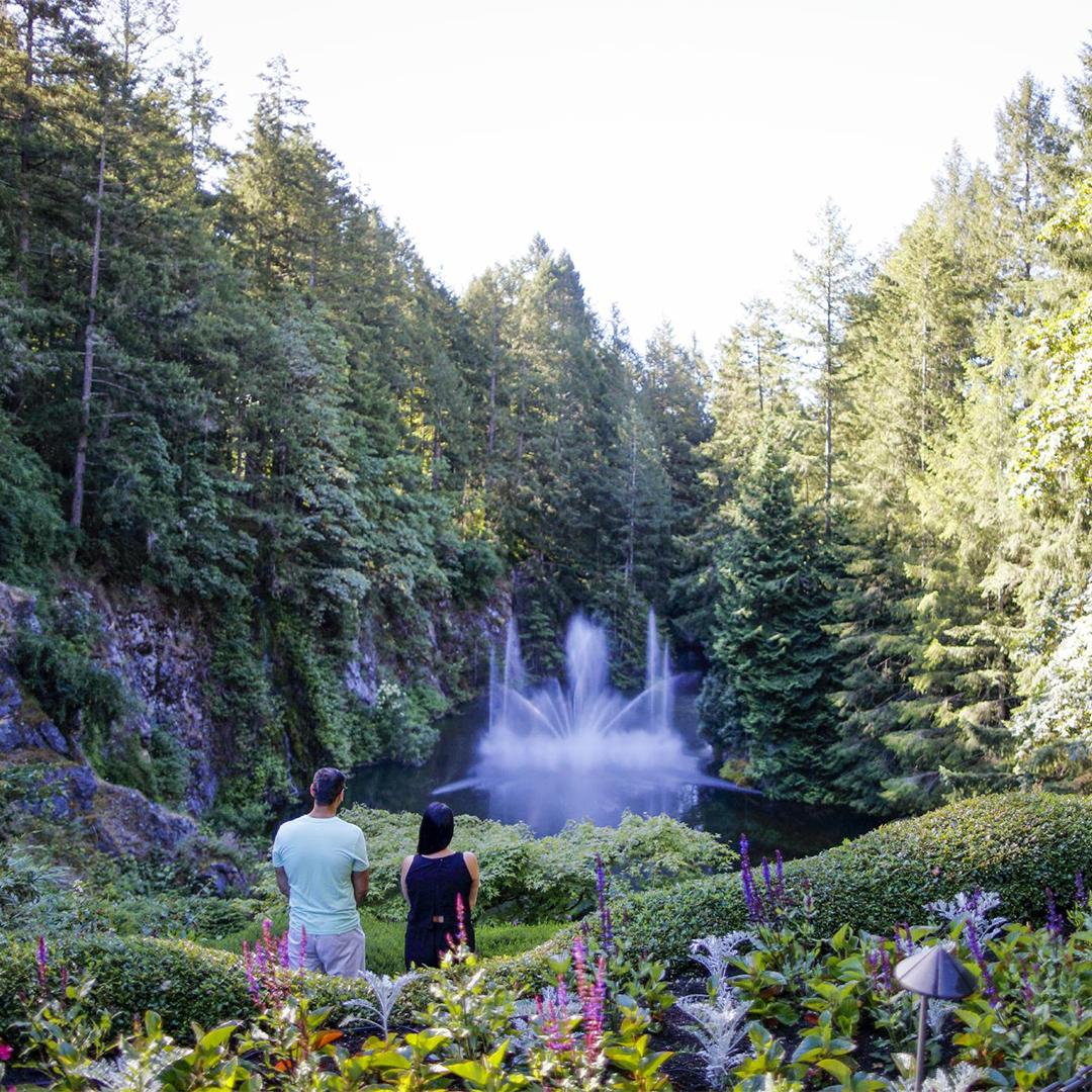 A couple overlooks the fountain in The Butchart Gardens' sunken garden in Victoria, BC
