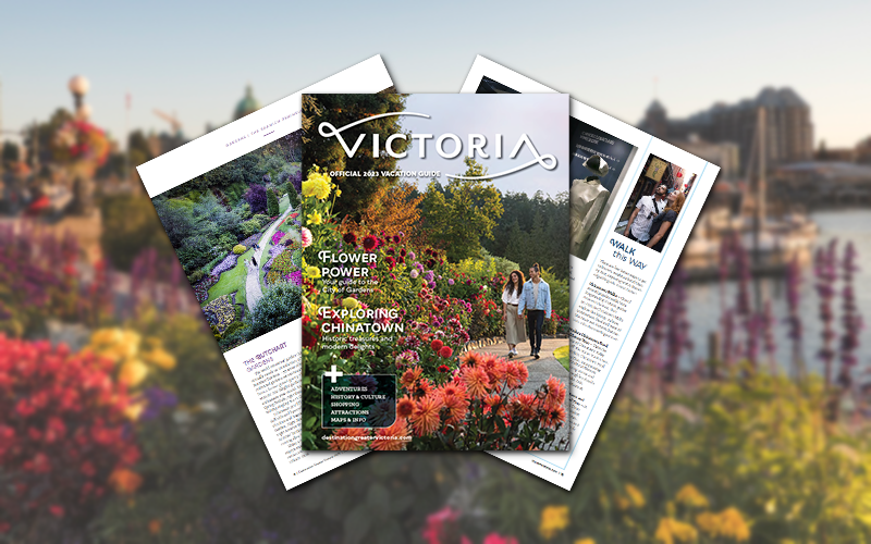 A sample spread of the 2023 Destination Greater Victoria Vacation Guide